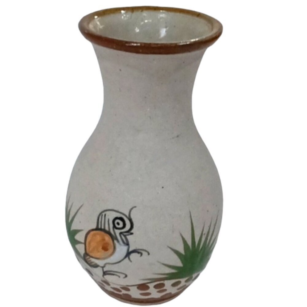 Vintage Tonala Mexico Vase‎ Bird Pattern Sandstone Stoneware Handpainted